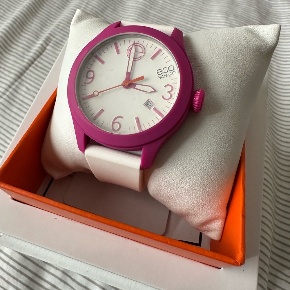 ESQ Movado Watch - White Band and Pink Face